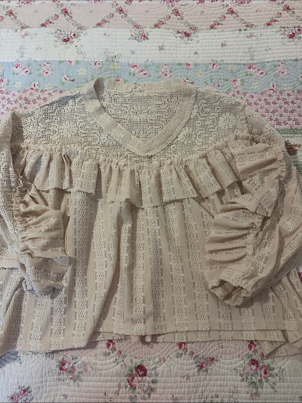 POL Cream Lace Ruffle Blouse with Crochet Yoke